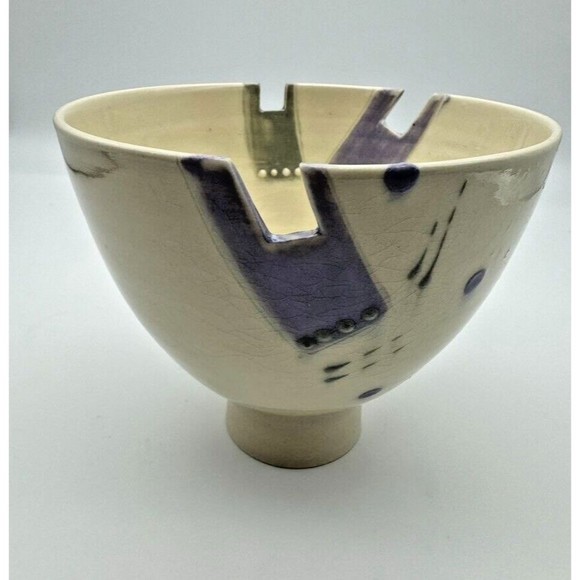 Vtg. 1988 Ceramic Glazed Cream/Purple/Green Embossed abstract bowl SIGNED - RARE